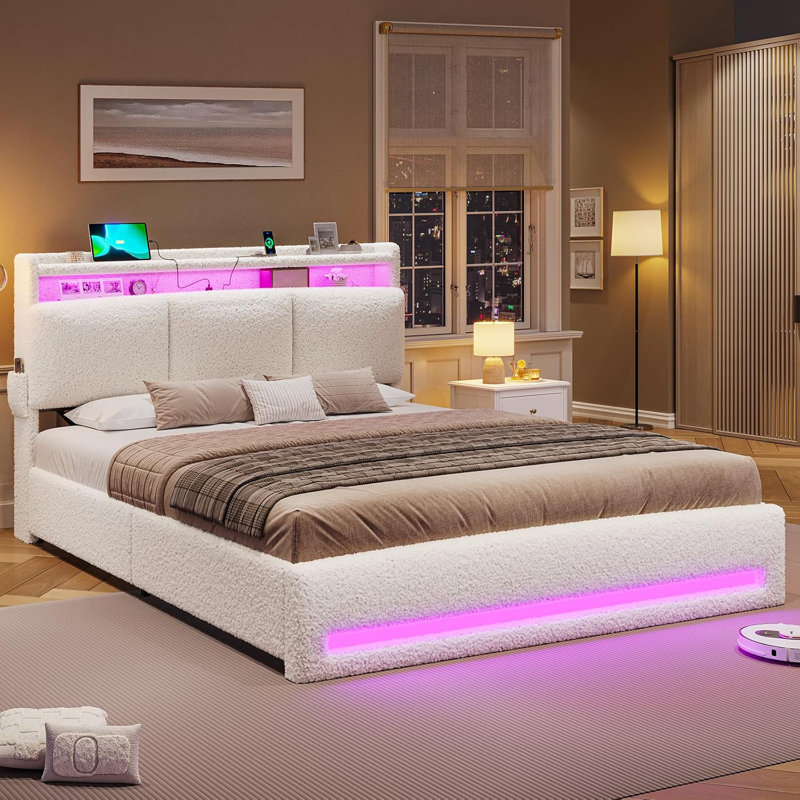 Upholstered Platform Storage Bed, Full, Cream White
