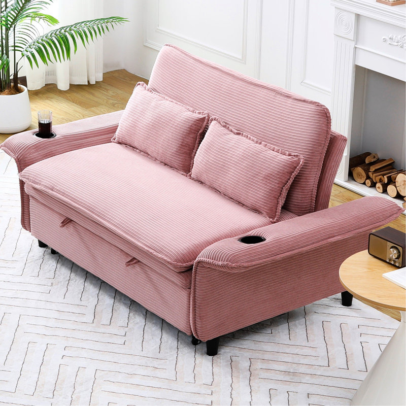 Lit de 65,17 pouces de couleur rose avec tissu à rayures, accoudoirs réglables et pour la détente, lit escamotable temporaire pour la nuit, lit multifonctionnel à 2 places, visionnage de films, placement de main courante