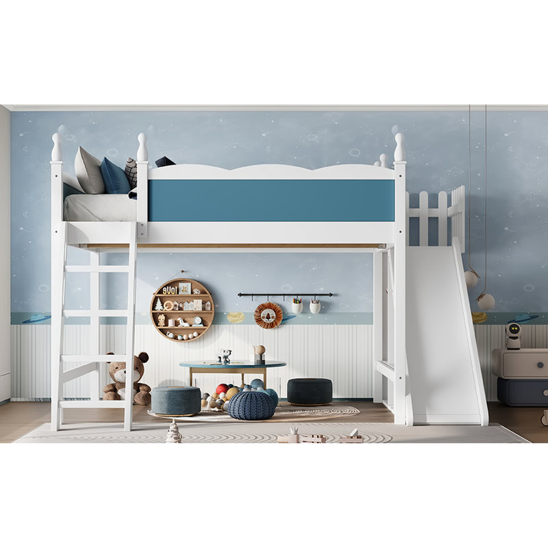 Grand lit mezzanine en bois massif bleu et blanc avec tablettes de rangement, garde-robe, glissade, échelles, multifonctionnel, assemblage facile, coffre-fort multifonctionnel sous le lit, installation