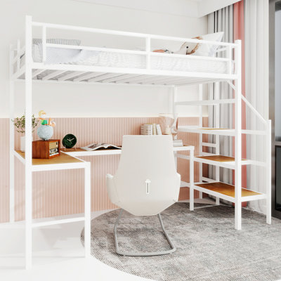 Lit mezzanine avec bureau en L, cadre de lit avec escalier