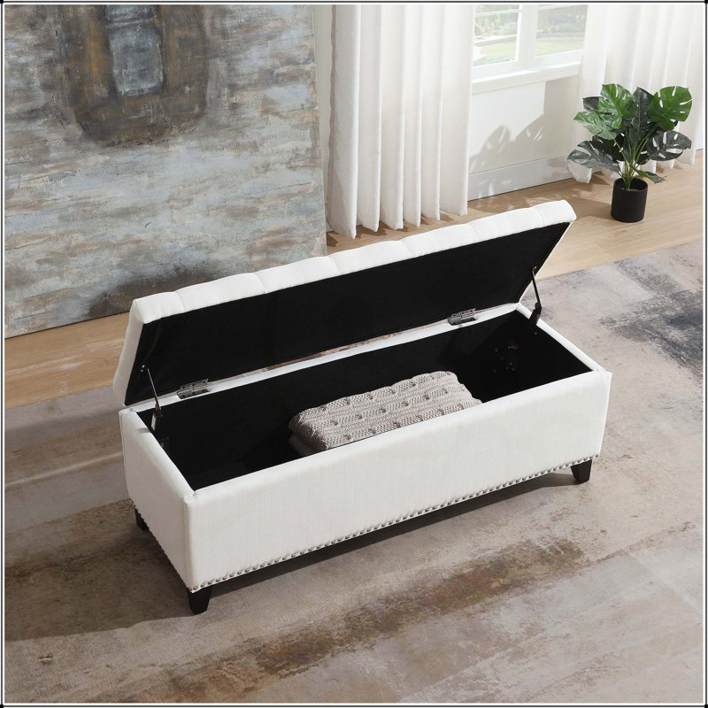 Repose-pieds de rangement capitonné en lin avec charnière de sécurité 47,5 po, Beige