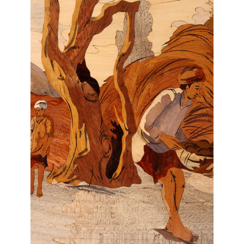 Panneau mural en bois sculpté à la main scène de village indien | Décoration murale artisanale rustique 30 pouces