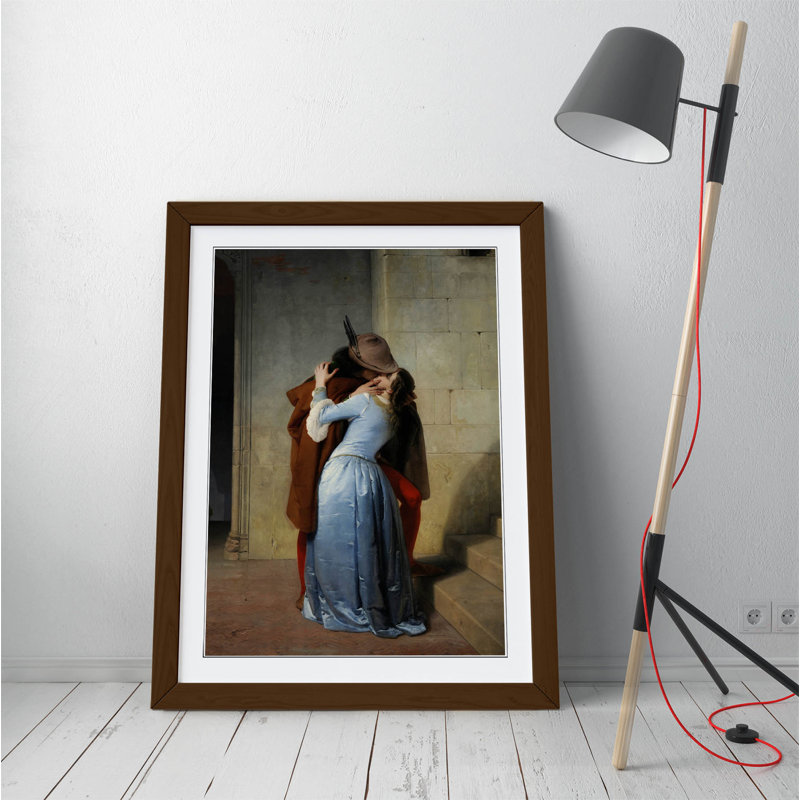 The Kiss Love Romanticism by Francesco Hayez - Single Picture Frame Print on Canvas, Brown Frame, 89cm H x 64cm W x 2cm D 