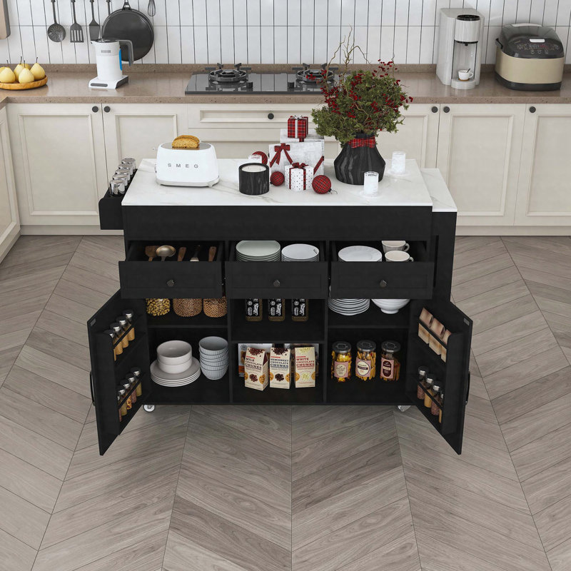 74.8" Kitchen Island with Extendable Dining Table, Marble Veneer Top & Built-in Power Outlet - Mobile Storage Cart with 3 Drawers & Cabinet, Rolling Kitchen Cart for Dining Room, Black