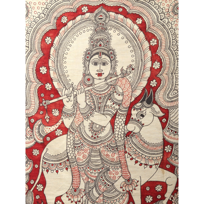 La très belle Krishna jouant de la flûte | Peinture de Kalamkari