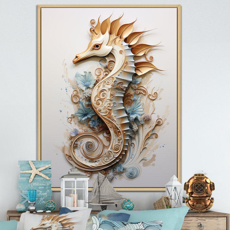 Hippocampe magique beige I sur toile, Cadre naturel flottant, H 32 po x l 16 po