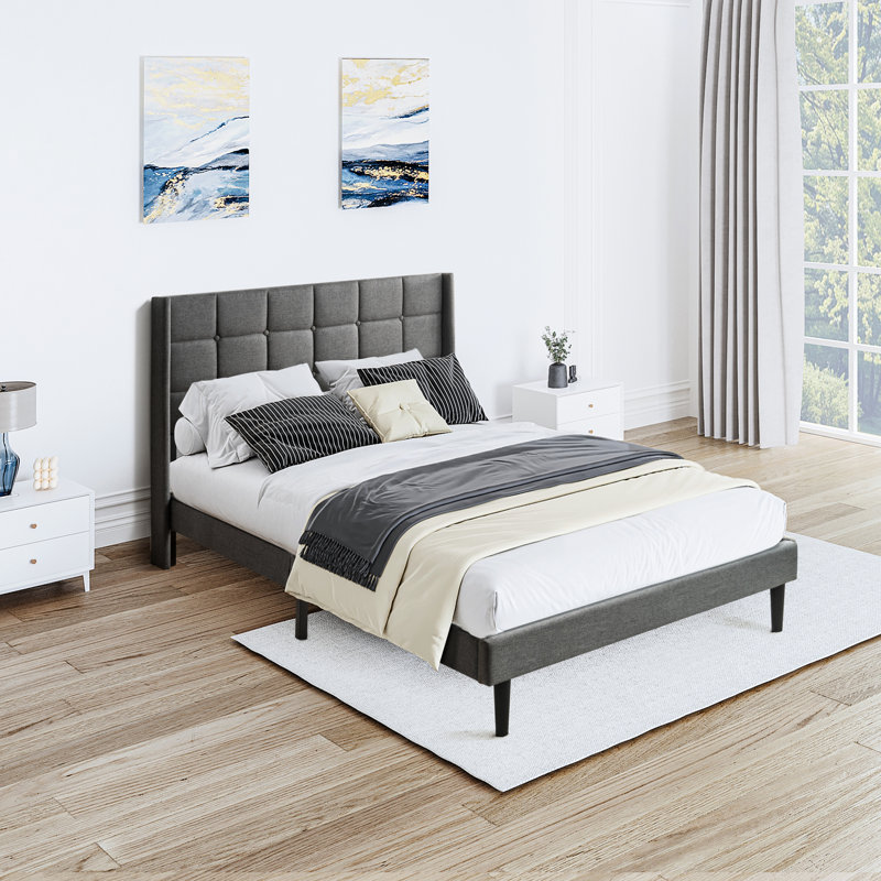 Grand lit plateforme tapissier avec tête de lit en lin gris foncé