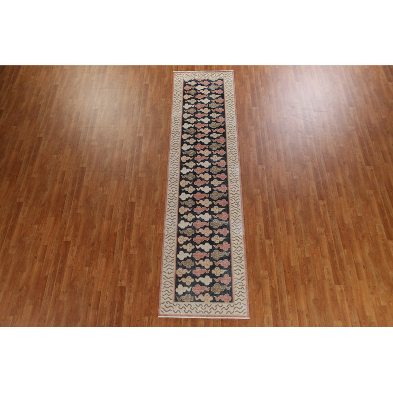 Tapis de couloir unique en laine noué à la main 2 pi 11 po x 11 pi 8 po New Age - noir / beige / ivoire