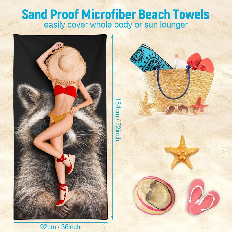 Serviette de plage Raccoon surdimensionnée 32 po x 63 po, imprimé animal de la forêt réaliste, serviettes en microfibre fines et légères à séchage rapide sans sable pour le camping de plage