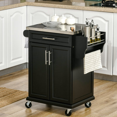 Chariot de cuisine roulant avec comptoir en acier inoxydable et accessoires pratiques, comptoir en acier noir, tiroir, étagère à serviettes