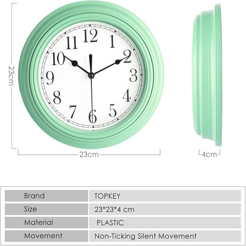Horloge murale silencieuse 9 pouces, Vert Amy