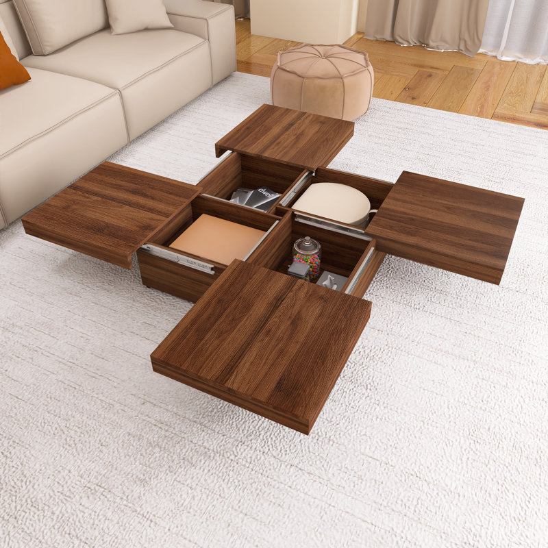 Walnut Square Wood Veneer Coffee Table Sliding Top With Storage