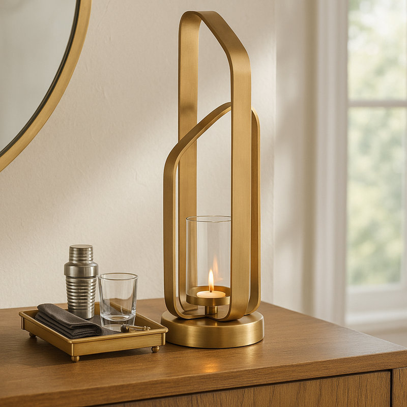 Decorative Sculptural Metal Candle Holder for Tabletop Accent - Modern Pillar Candlestick Holder for Entryway or Console Decor