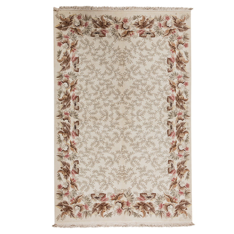 Tapis ivoire / brun / rose noué à la main de haute qualité