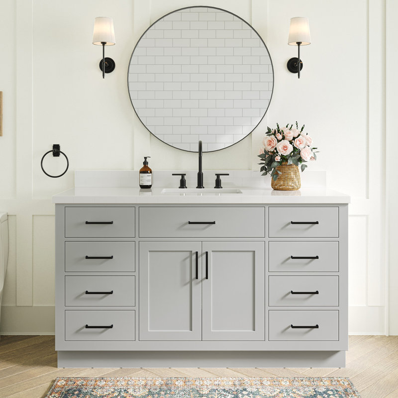 Tidworth Solid Wood Single Bathroom Vanity with 1.5'' White Quartz Top, Rectangular, Gray