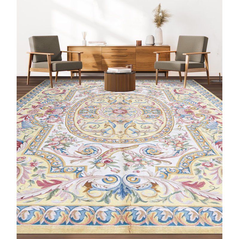 Tapis rouge, beige et bleu noué à la main de haute qualité