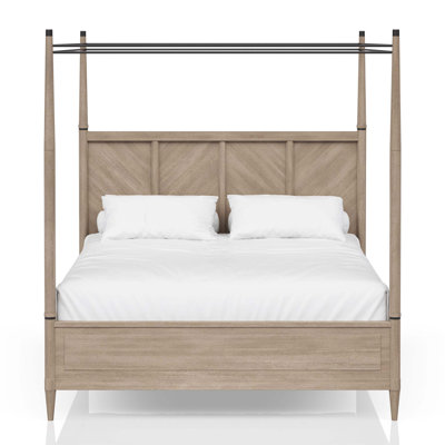Transitional Canopy Bed With Warm Sand Finish, Perfect For Creating A Cozy And Stylish Bedroom Retreat.