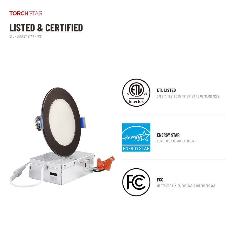 Luminaire encastré DEL mince de 4 po (10 cm) et 5 CCT avec boîte de jonction, à intensité variable, sans boîtier, IRC 90, bronze huilé
