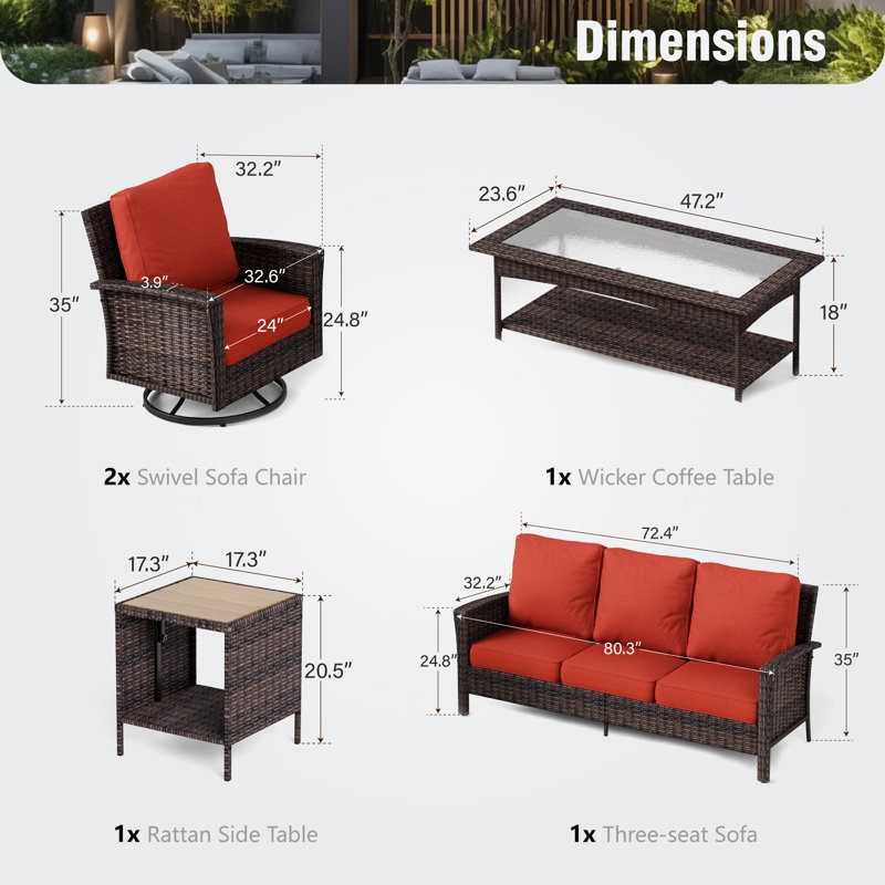 Outdoor Wicker Patio Conversation Furniture Set, Red, No