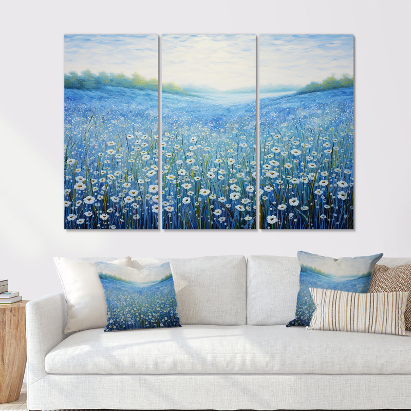 Seren azur fleurs champ - ensemble d'art mural fleur, H 28 po x l 36 po x P 1 po, Toile tendue
