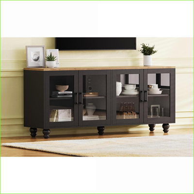 Meuble télé | Meuble télé 70 pouces Farmhouse avec portes en verre trempé Tablettes réglables, noir | Gammes de téléviseurs | Noir + naturel