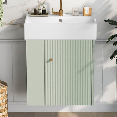 21.6 Inch Modern Floating Bathroom Vanity With Ceramic Basin - Perfect For Small Bathrooms, Left Side Storage