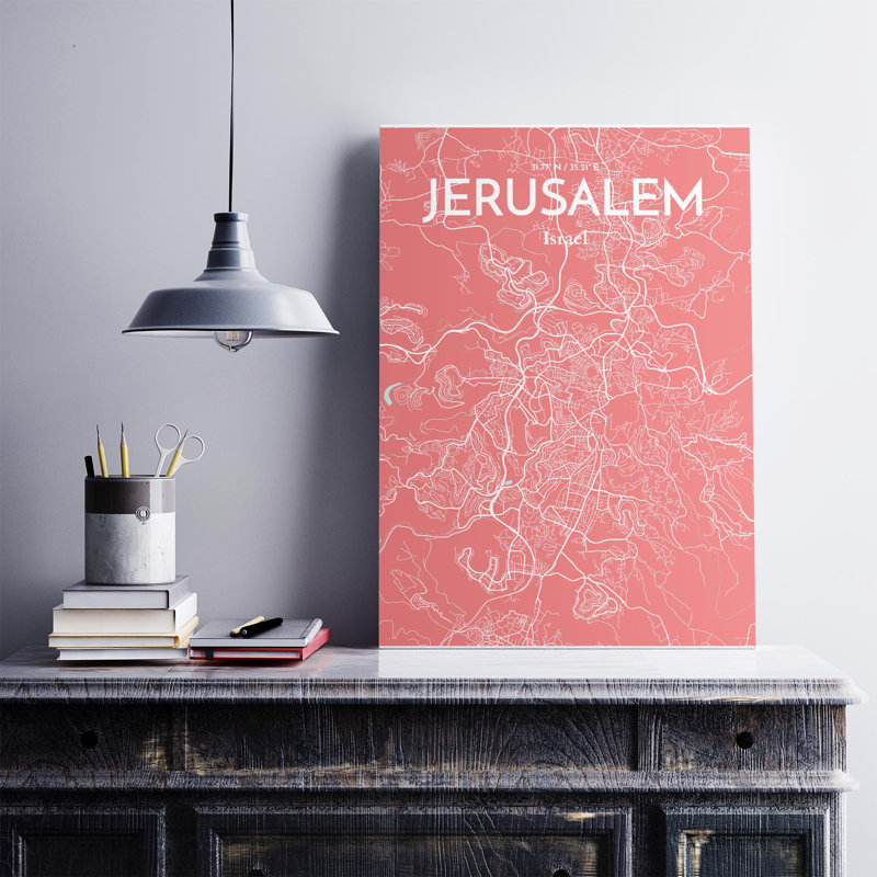 Carte de la ville de Jérusalem, impression de luxe, Rose / bleu pastel, H 27,6 po x l 19,7 po