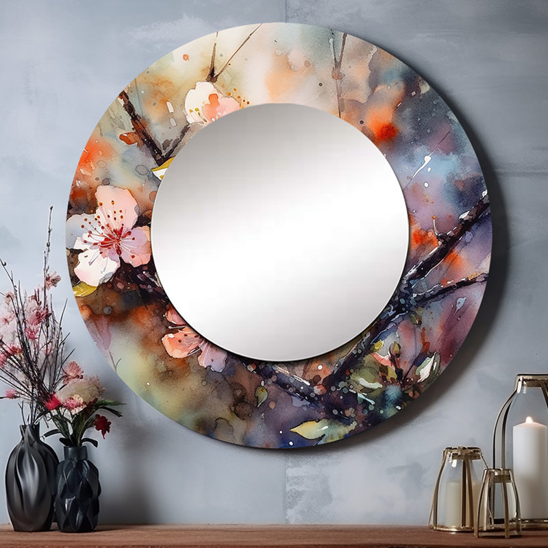Patrici rose gris pommier Melody II - miroir mural décoratif pommier, miroir rond traditionnel, impression d'art en métal