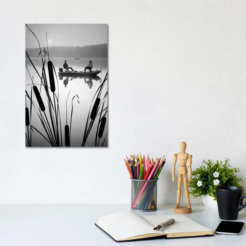 1980s Two Anonymous Silhouetted Men In Bass Fishing Boat On Calm Water Lake Cattails In Foreground - Wrapped Canvas Print
