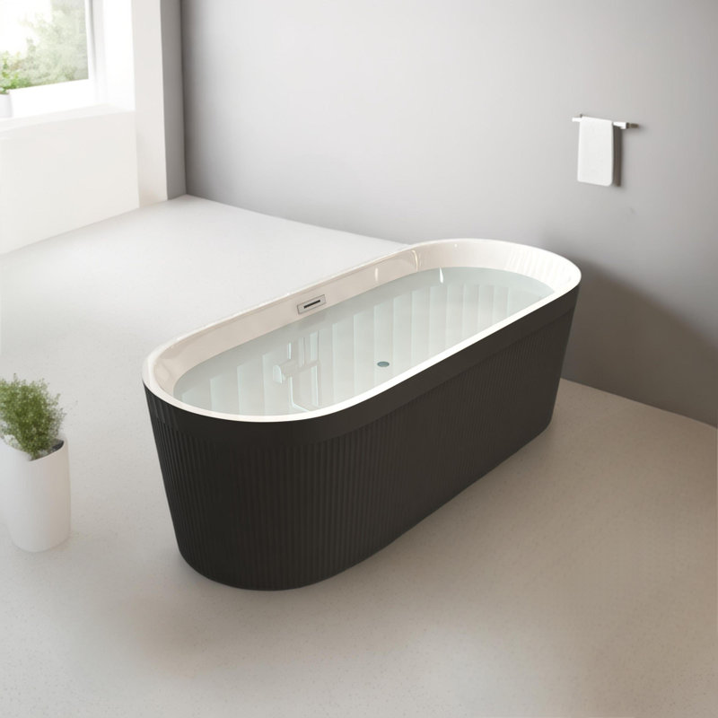 59" Acrylic Freestanding Bathtub With Unique Pleated Design, Black