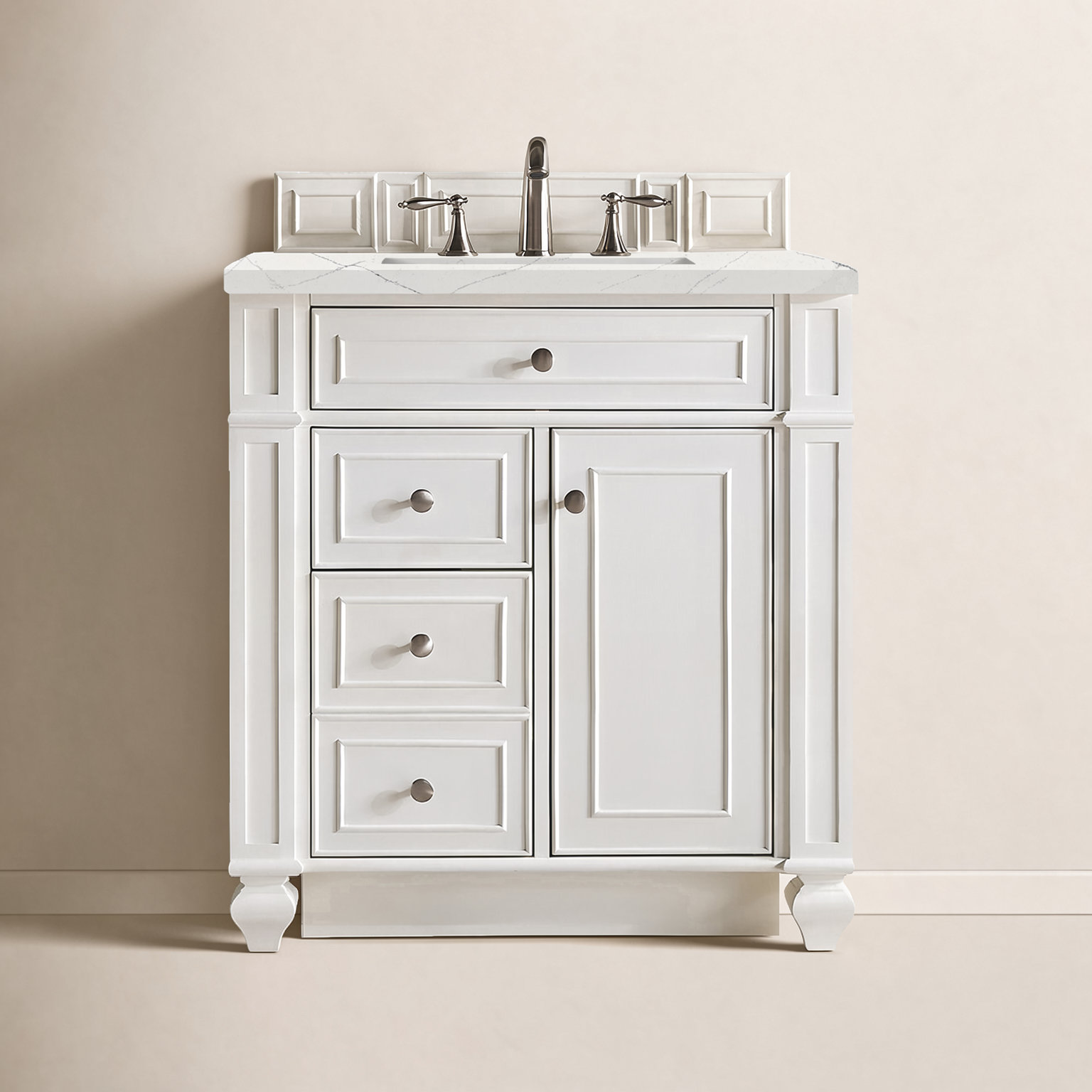 Calisto 30" Single Bathroom Vanity, Bright White, Ethereal Noctis, 8" Widespread