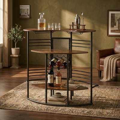 43" Industrial Home Bar Unit with Footrest, Curved Mini Bar Cabinet with 6-Bottle Wine Rack, Stemware Holders, and 3-Tier Storage Shelves for Liquor and Glasses, Rustic Brown