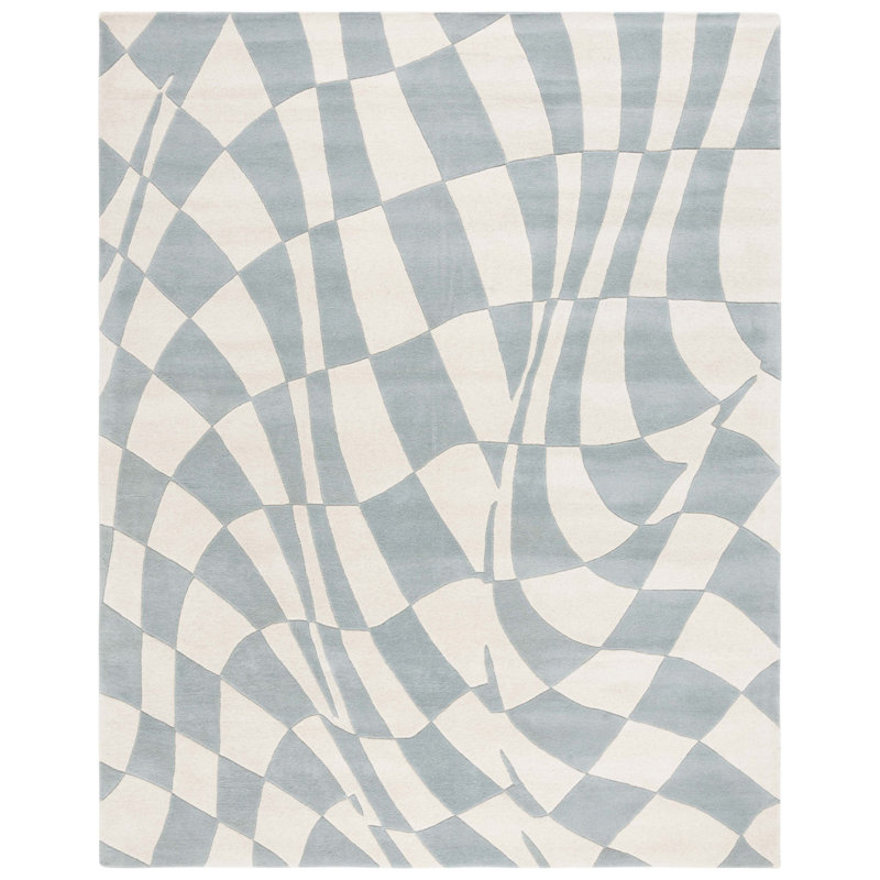 Tapis bleu / ivoire en laine touffeté à la main Amier, Rectangle 7 pi 6 po x 9 pi 6 po
