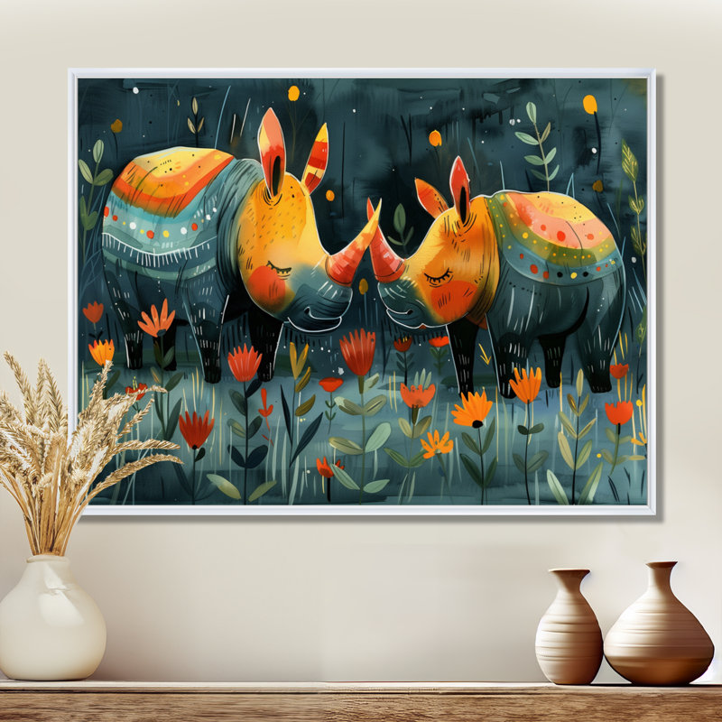 Terrina - Rhinocéros, art mural animal, Cadre flottant blanc, H 12 po x l 20 po