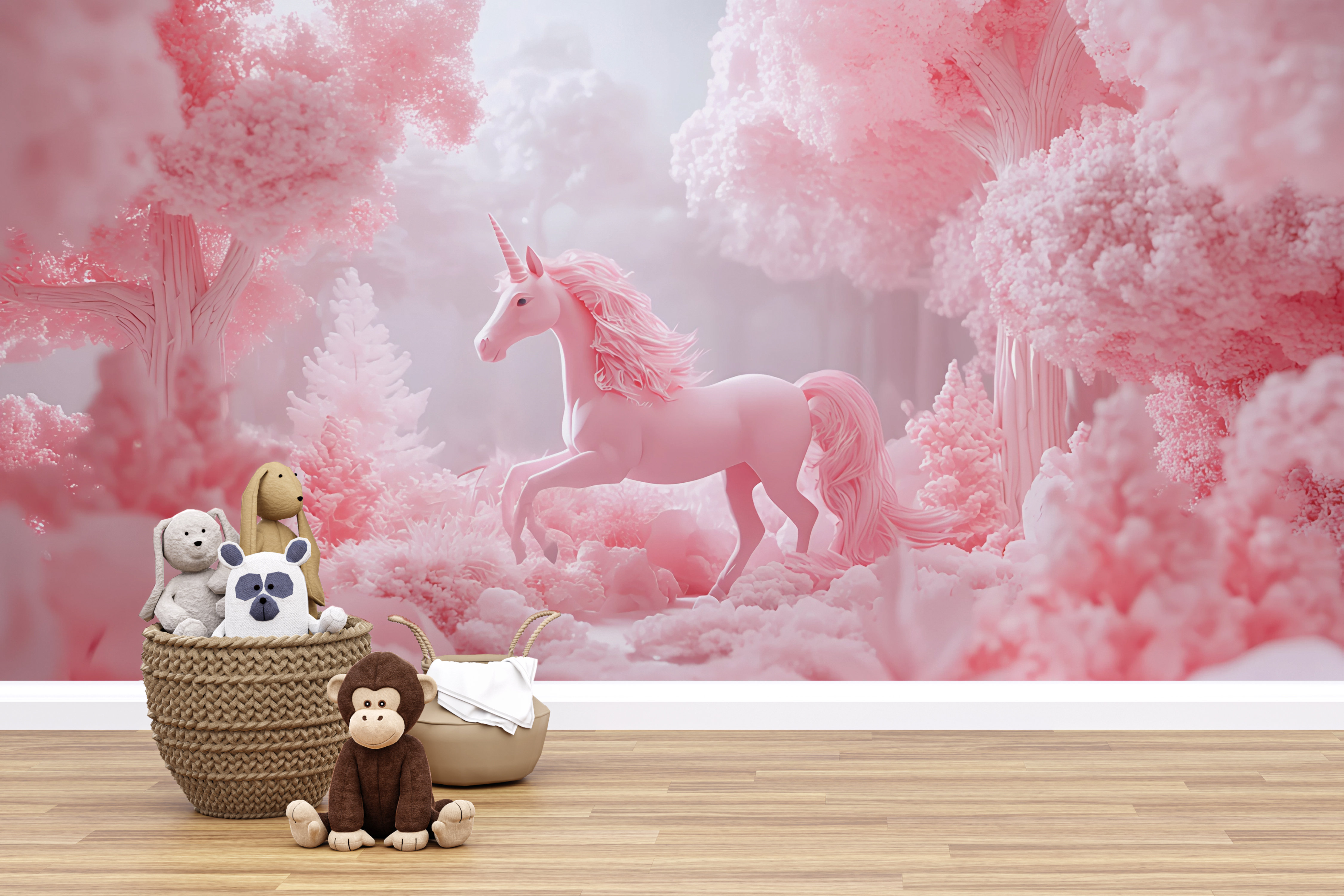 Zoomie Kids Unicorn Forest Wallpaper - Magical Fantasy Mural For Bedroom,  Soft Pastel Wall Art With Cotton Candy Trees And Cute Mythical Creature  (Non-Woven) VN299 | Wayfair, image size:4500x3000