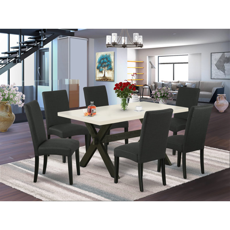 7 Piece Kitchen Table Set Consist of a Rectangle Dining Table with X-Legs and 6 Black Color Linen Fabric Parson Dining Chairs, Wire Brushed Black Finish