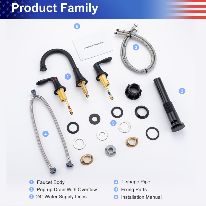 Widespread 2-handle Bathroom Faucet with Drain Assembly, Matte Black