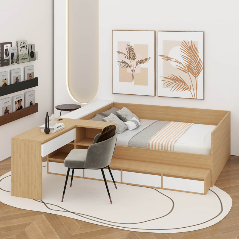 Lit plateforme double en bois avec tiroirs, tablettes et coiffeuse, Naturel