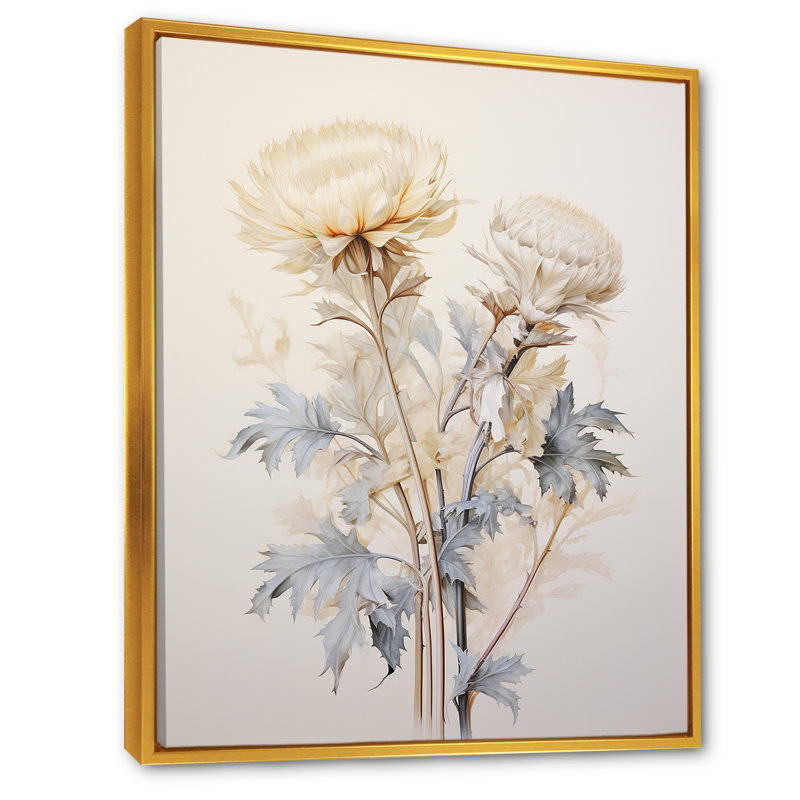 «Beige chardon», art mural sur toile Thistle, Cadre flottant doré, H 44 po x l 34 po
