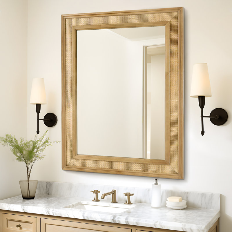 Miroir rectangulaire en bois de rotin avec verre trempé, 44 po x 32 po