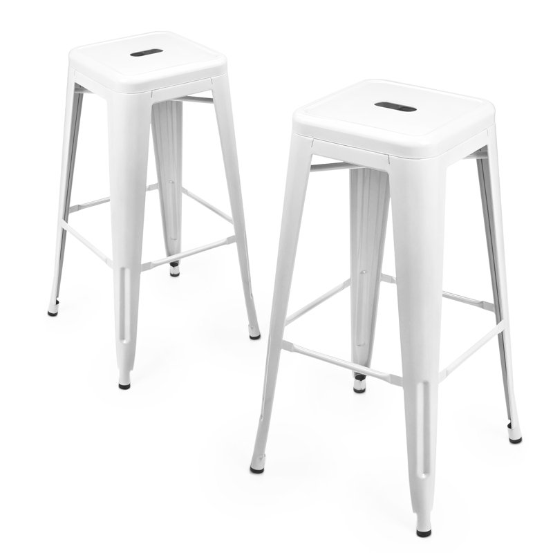 Jonnae Stackable Metal Bar Stools, Backless Counter Height Barstools Dining Chairs with Square Seat, White