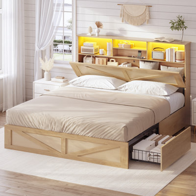 Farmhouse Bed Frame with Bookcase Headboard & 4 Storage Drawers - Rustic Wooden Platform Bed with LED Lights , No Box Spring Needed