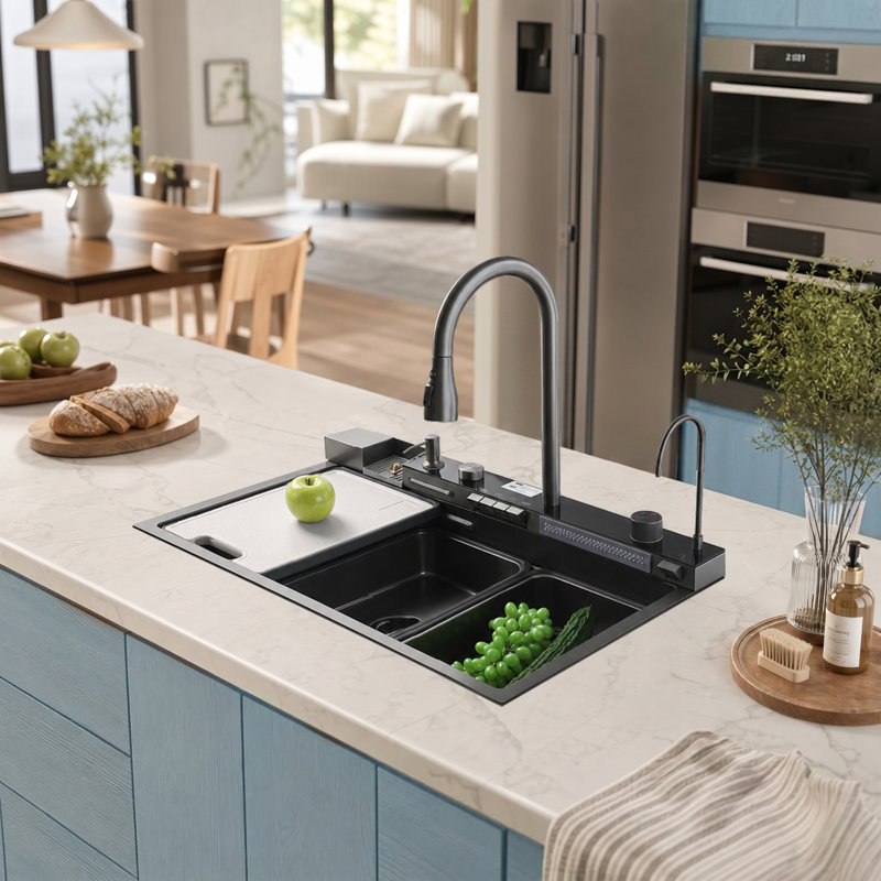 Ensemble d'évier de cuisine 30 "x 19" en acier inoxydable avec robinet escamotable ou évier de poste de travail avec accessoires