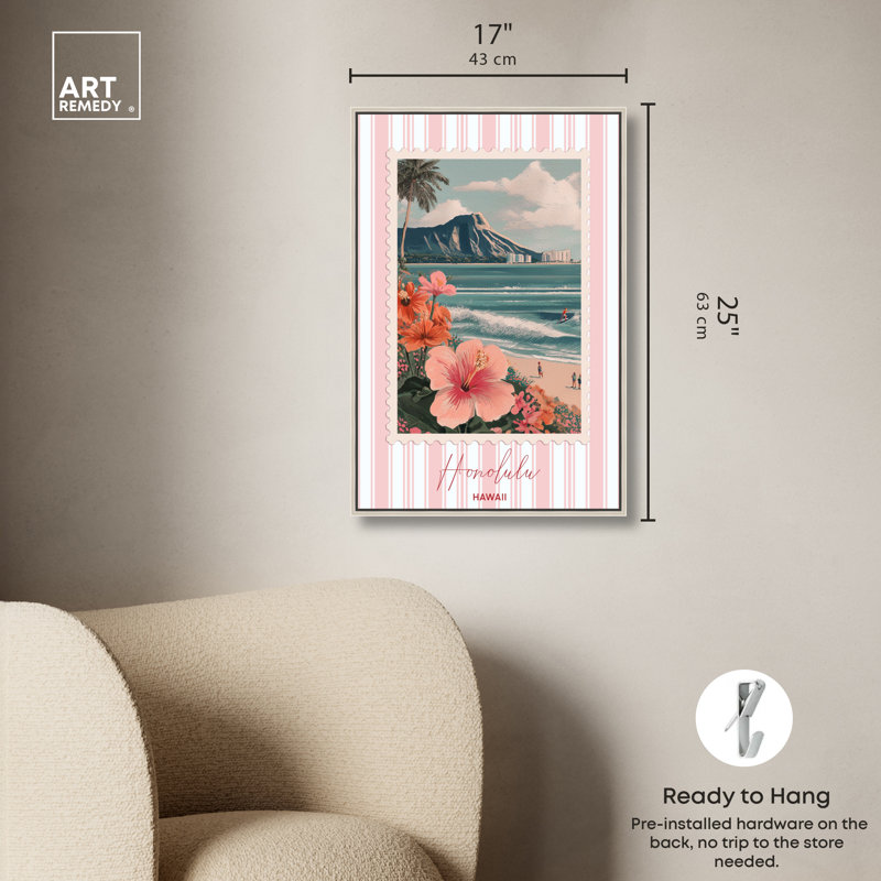 «Honolulu Travel Stamp», impression sur toile encadrée par Art Remedy, cadre argenté, 16 x 24, H 25 po x l 17 po