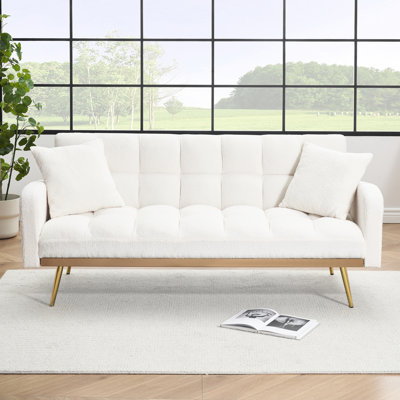 Lit beige réglable de 69 pouces pour la chambre à coucher, trois vitesses au lit, structure en bois massif et siège à ressorts en S idéal pour les petits espaces, conversion, placement des accoudoirs confortable