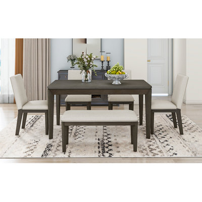 6-Piece Dining Table Set With Upholstered Dining Chairs And Bench,Farmhouse Style, Tapered Legs, Dark Gray+Beige -  Lark Manorâ¢, DDEC13C2F75444899D40AA529FE430C1