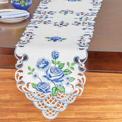 Embroidered Rose Clusters and Greenery Table Linens