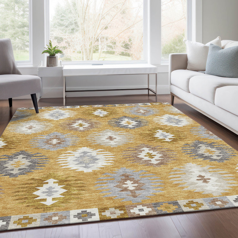 Tapis doré Prisco lavable à la machine de qualité supérieure, Rectangulaire 8 pi x 10 pi