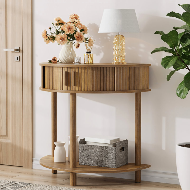 Console semi-circulaire de 31,5 pouces, pour salon ou entrée, style moderne du milieu du siècle, avec deux tiroirs et un dessus, en noyer. Dimensions : 31,5 pouces de long, espace principal, compartiments de rangement.