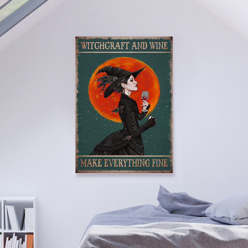 «Witch with Wine - Witchgraft And Wine», reproduction d'art graphique sur toile tendue, H 14 po x l 11 po x P 2 po
